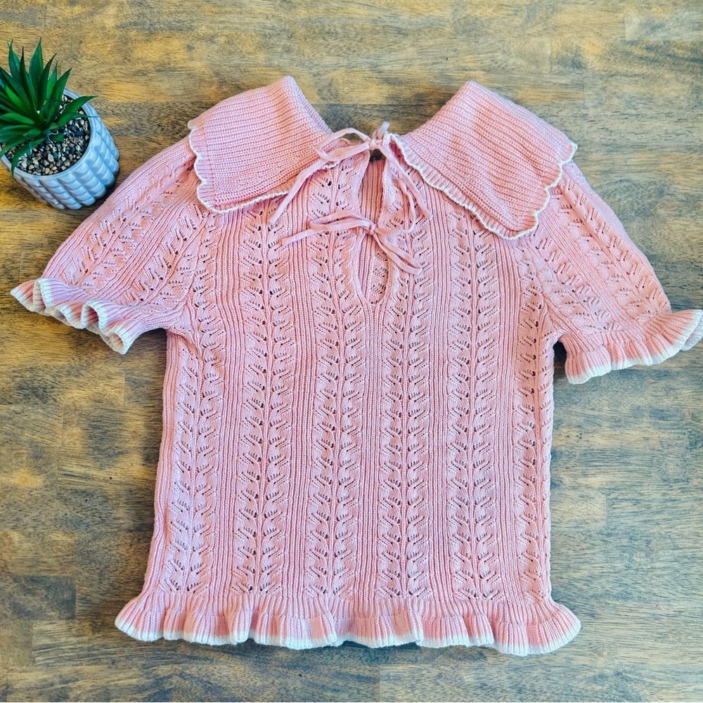 Pink Knit Top Ruffle Trim Peter Pan Collar Cottagecore Coquette Sweater Size S - Picture 3 of 7